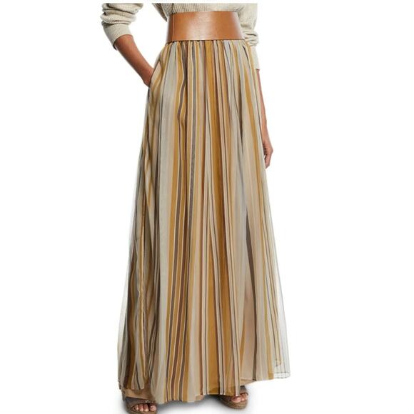 Brunello Cucinelli Striped Silk Organza Long Skirt Womens 4 Gold Burgundy Luxury - Picture 3 of 14